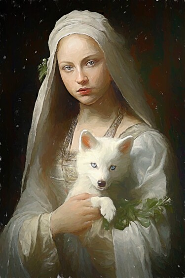 Artes digitais intitulada "Lady With A White F…" por Gerry Martinez, Obras de arte originais, Pintura digital