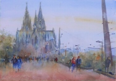 Schilderij getiteld "A View of the Cathe…" door Gerry Miller, Origineel Kunstwerk, Aquarel