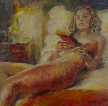 Painting titled "Reading Time" by Gerry Miller, Original Artwork, Oil