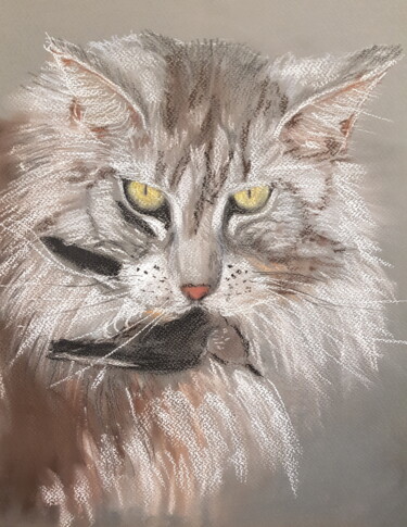 Rysunek zatytułowany „chat chasseur” autorstwa Ghislaine Rimmen-Mohl, Oryginalna praca, Pastel