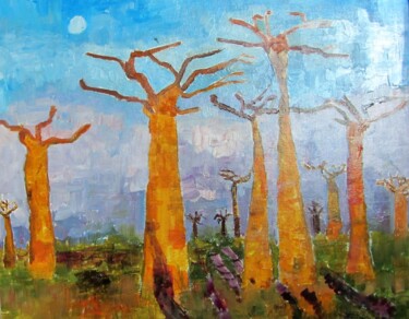 Malerei mit dem Titel "Baobabs au clair de…" von Ghislaine Rimmen-Mohl, Original-Kunstwerk, Öl Auf Karton montiert