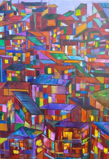 Pintura titulada "Maisons tibétaines…" por Ghislaine Rimmen-Mohl, Obra de arte original, Oleo