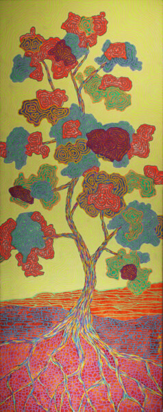 Malarstwo zatytułowany „Acid vibrating tree” autorstwa Gian Luigi Delpin, Oryginalna praca, Akryl Zamontowany na Drewniana r…