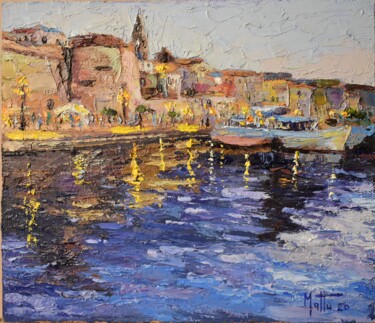 Peinture intitulée "Luci sul porto" par Gianni Mattu, Œuvre d'art originale, Huile
