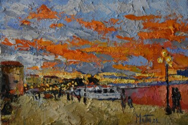Pittura intitolato "Tramonto sul porto" da Gianni Mattu, Opera d'arte originale, Olio