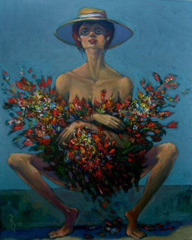 Painting titled "Flowers in Blue" by George Rurua, Original Artwork, Acrylic