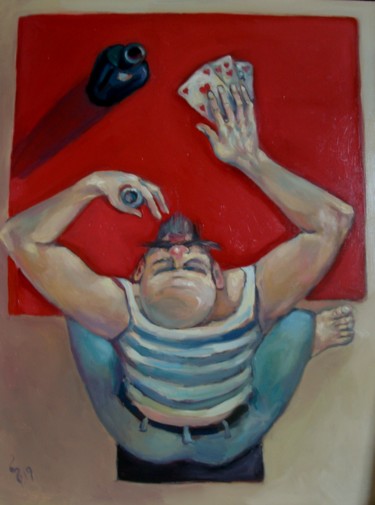 Painting titled "Card Player a Man" by George Rurua, Original Artwork, Oil