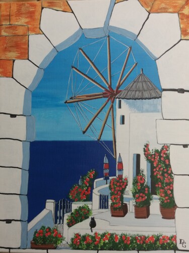 Peinture intitulée "moulin de santorin" par Gilbert Devesa, Œuvre d'art originale, Acrylique