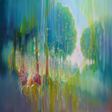 Peinture intitulée "Hares Meadow" par Gill Bustamante, Œuvre d'art originale, Huile