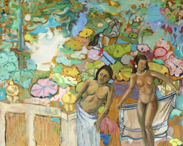 Painting titled "Baigneuses aux lotus" by Gilles Chambon, Original Artwork, Oil Mounted on Wood Stretcher frame