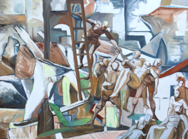 Painting titled "Descente de croix" by Gilles Chambon, Original Artwork, Oil Mounted on Wood Stretcher frame