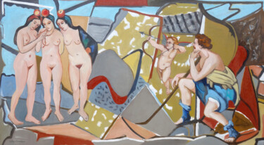 Painting titled "Le jugement de Pâris" by Gilles Chambon, Original Artwork, Oil Mounted on Wood Stretcher frame