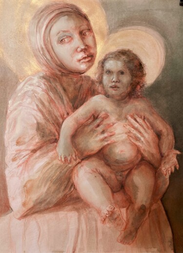 Dibujo titulada "Vierge et l'Enfant" por Gilles Glaçon, Obra de arte original, Tiza