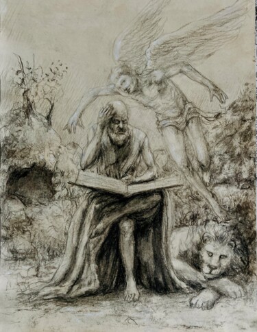 Drawing titled "Saint Gérôme" by Gilles Glaçon, Original Artwork, Charcoal