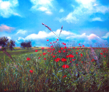 Painting titled "Coquelicots du Vexin" by Gilles Paul Esnault, Original Artwork, Oil Mounted on Other rigid panel