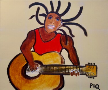 Painting titled "RASTA GUITARIST" by Gilles Piquereau, Original Artwork, Oil Mounted on Other rigid panel