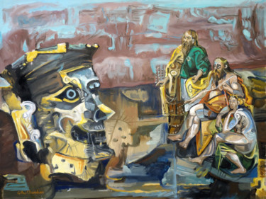 Painting titled "La tête coupée, ou…" by Gilles Chambon, Original Artwork, Oil Mounted on Wood Stretcher frame