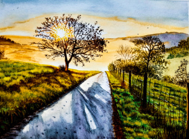 Peinture intitulée "soleil couchant sur…" par Gilles Mathieu, Œuvre d'art originale, Aquarelle