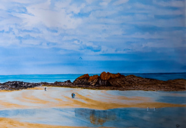 Peinture intitulée "promeneurs plage a…" par Gilles Mathieu, Œuvre d'art originale, Aquarelle