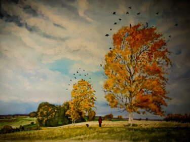 Painting titled "Automne élégiaque e…" by Gilles Mathieu, Original Artwork, Watercolor