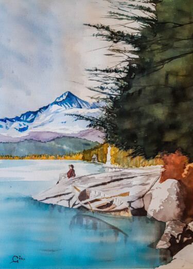 Painting titled "Automne, songeur" by Gilles Mathieu, Original Artwork, Watercolor
