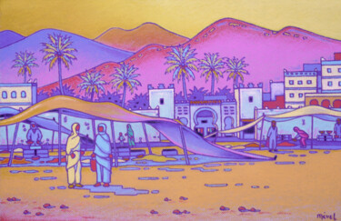Schilderij getiteld "Le souk à Sidi Ifni" door Gilles Mével, Origineel Kunstwerk, Pastel