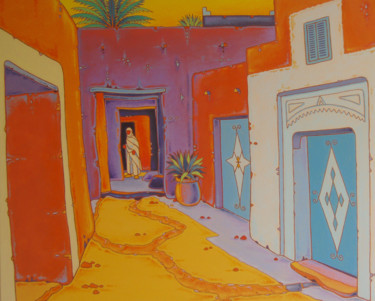 Painting titled "rue dans la casbah" by Gilles Mével, Original Artwork, Acrylic Mounted on Wood Stretcher frame