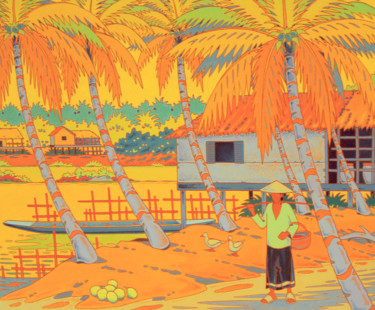 제목이 "le mekong au laos"인 미술작품 Gilles Mével로, 원작, 아크릴 나무 들것 프레임에 장착됨