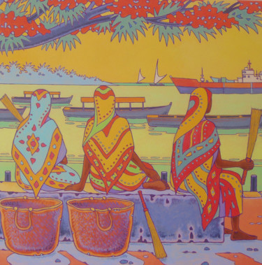 제목이 "femmes de zanzibar"인 미술작품 Gilles Mével로, 원작, 아크릴 나무 들것 프레임에 장착됨