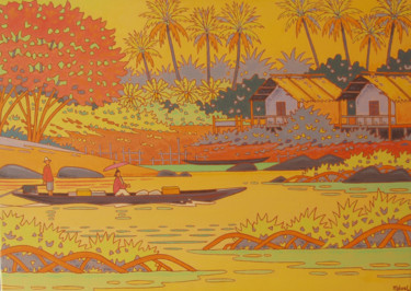 Painting titled "le mekong.sud laos" by Gilles Mével, Original Artwork, Acrylic Mounted on Wood Stretcher frame