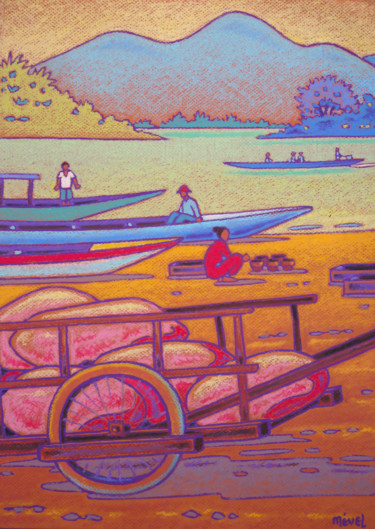 Peinture intitulée "rive du Mekong au L…" par Gilles Mével, Œuvre d'art originale, Pastel Monté sur Autre panneau rigide