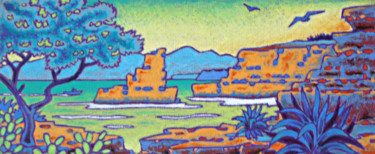 Pintura intitulada "côte en Algarve" por Gilles Mével, Obras de arte originais, Pastel