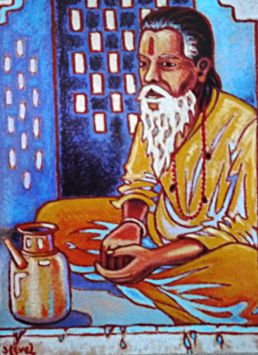 Peinture intitulée "Indien du Rajahstan" par Gilles Mével, Œuvre d'art originale, Pastel