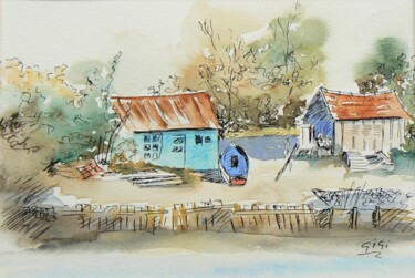 Painting titled "Cabanes ostréicoles" by Ginette Richard, Original Artwork, Watercolor