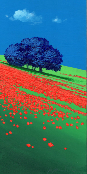 Painting titled "collina e albero blu" by Gio Mondelli, Original Artwork, Acrylic Mounted on Wood Panel