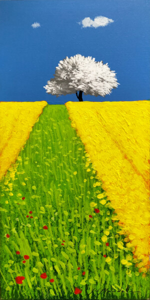 Painting titled "Albero sulla collina" by Gio Mondelli, Original Artwork, Acrylic Mounted on Wood Panel