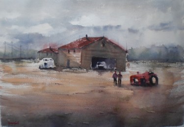 Schilderij getiteld "old tractor and cars" door Giorgio Gosti, Origineel Kunstwerk, Aquarel