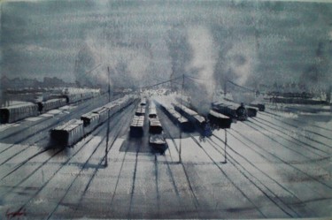 Painting titled "trains 5" by Giorgio Gosti, Original Artwork, Watercolor