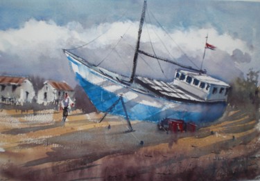 Painting titled "boat stranded 2" by Giorgio Gosti, Original Artwork, Watercolor