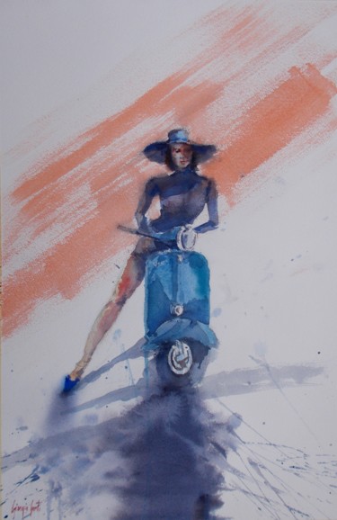 Painting titled "Vespa and woman" by Giorgio Gosti, Original Artwork, Watercolor