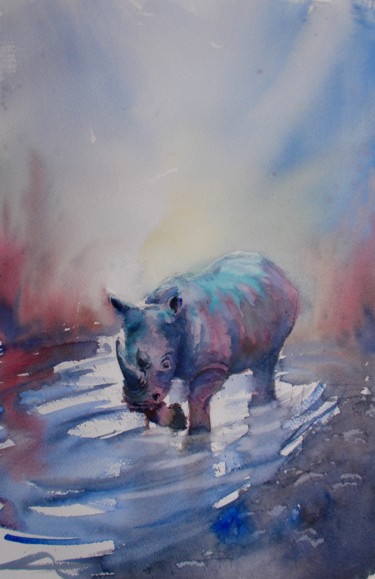 Peinture intitulée "rhinos 2" par Giorgio Gosti, Œuvre d'art originale, Aquarelle