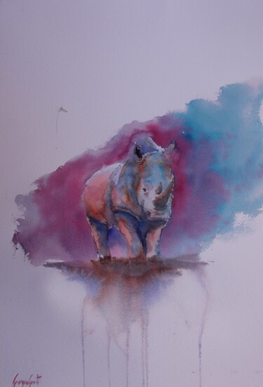 Peinture intitulée "rhinos 3" par Giorgio Gosti, Œuvre d'art originale, Aquarelle