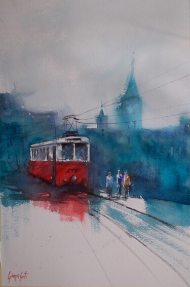 Painting titled "tram in Prague" by Giorgio Gosti, Original Artwork, Watercolor
