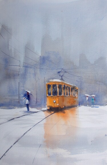 Painting titled "tram in Milan 19" by Giorgio Gosti, Original Artwork, Watercolor