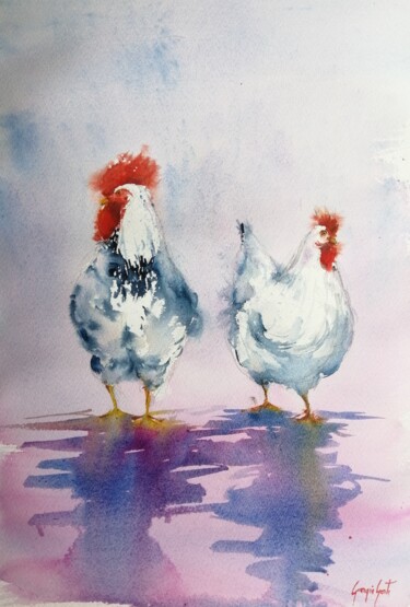 Картина под названием "roosters and hens 6" - Giorgio Gosti, Подлинное произведение искусства, Акварель
