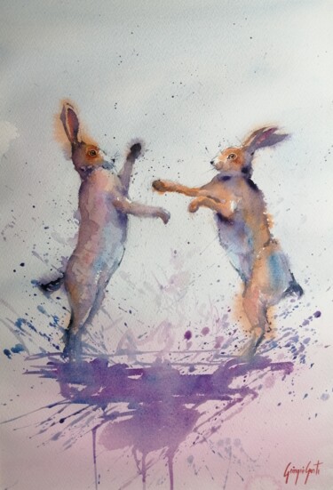 Картина под названием "fighting hares" - Giorgio Gosti, Подлинное произведение искусства, Акварель
