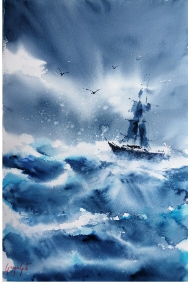 Malerei mit dem Titel "boat in the storm 3" von Giorgio Gosti, Original-Kunstwerk, Aquarell