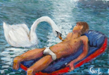 Painting titled "Swan's kiss" by Giorgos Ncl, Original Artwork, Oil