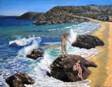 「A couple on The Rock」というタイトルの絵画 Giorgos Nicolaou (Gncl)によって, オリジナルのアートワーク, オイル ウッドストレッチャーフレームにマウント