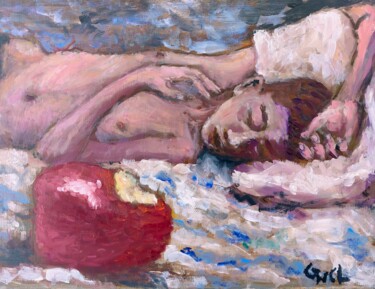 Painting titled "evil's apple" by Giorgos Nicolaou (Gncl), Original Artwork, Oil Mounted on Cardboard